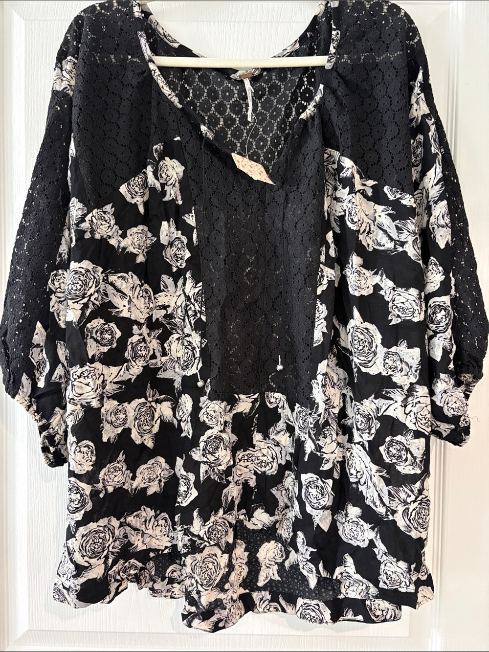 Free People Black and White Floral Lace-Inset Tunic